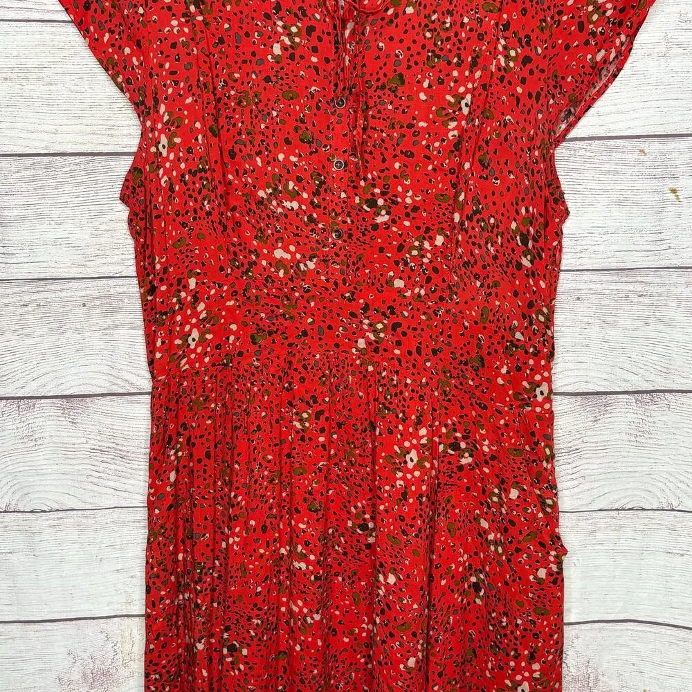 Free People 40's Print Midi Button Up Cap Sleeve Red Lined Shirt Dress Size 12